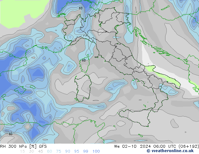 Humedad rel. 300hPa GFS mié 02.10.2024 06 UTC