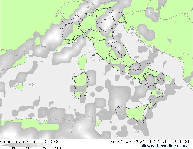 Cloud cover (high) GFS Fr 27.09.2024 06 UTC