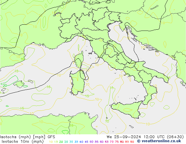 Isotaca (mph) GFS mié 25.09.2024 12 UTC