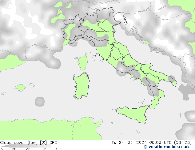 Cloud cover (low) GFS Tu 24.09.2024 09 UTC