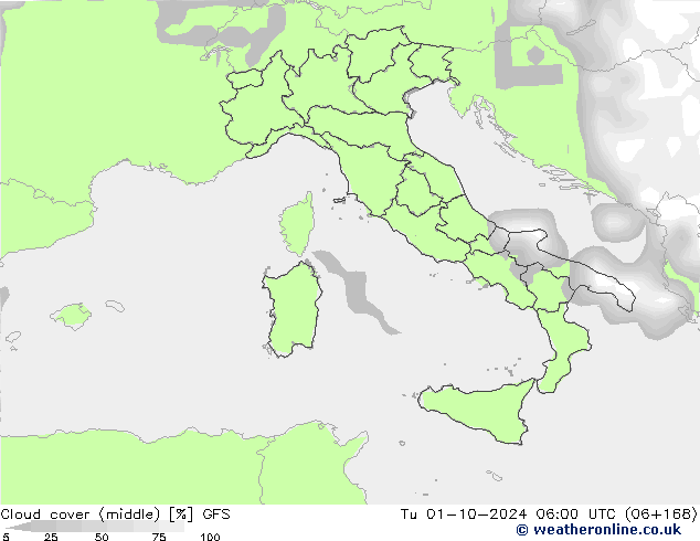 Cloud cover (middle) GFS Tu 01.10.2024 06 UTC