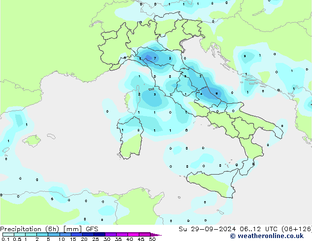 Precipitation (6h) GFS Su 29.09.2024 12 UTC