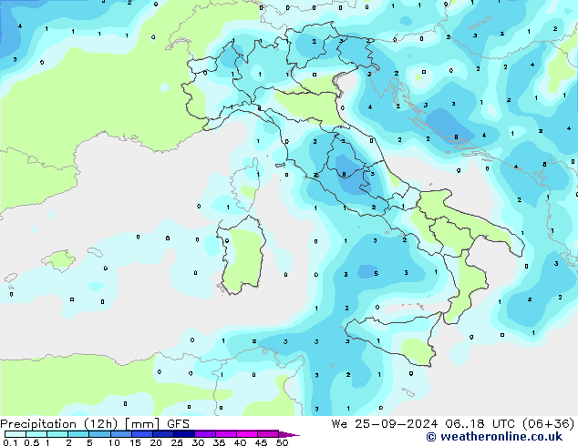 Precipitation (12h) GFS We 25.09.2024 18 UTC