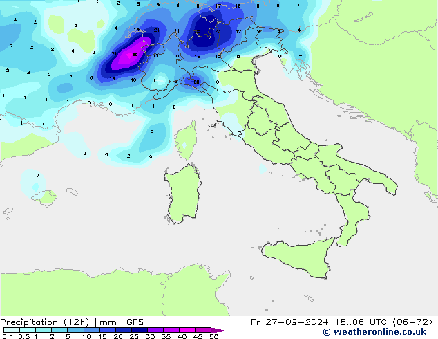 Totale neerslag (12h) GFS vr 27.09.2024 06 UTC