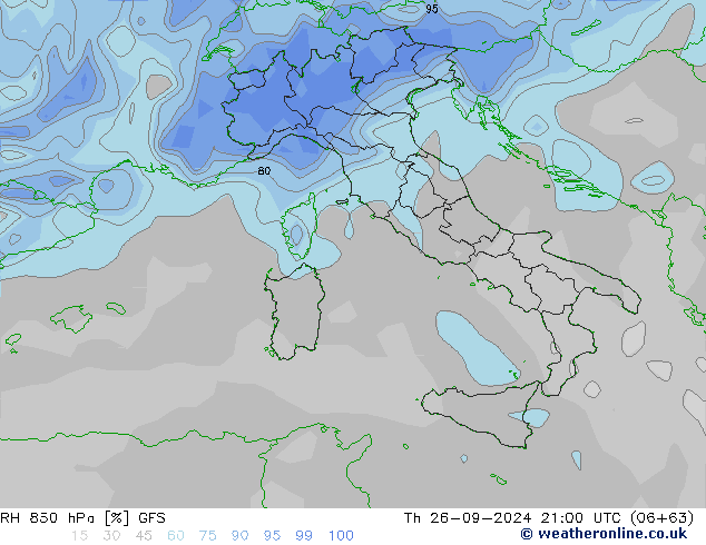 RH 850 гПа GFS чт 26.09.2024 21 UTC