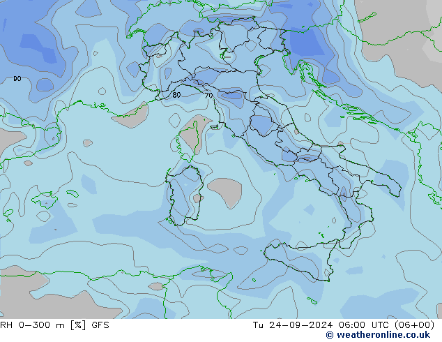 RH 0-300 m GFS вт 24.09.2024 06 UTC