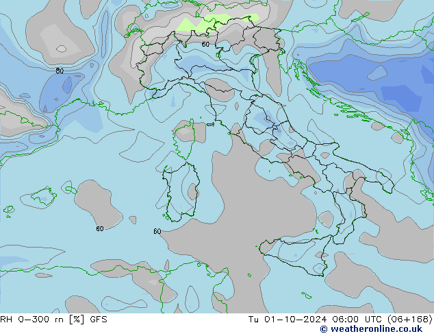 RH 0-300 m GFS wto. 01.10.2024 06 UTC