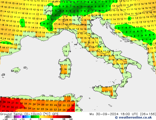 Temp. al suolo (0-10cm) GFS lun 30.09.2024 18 UTC