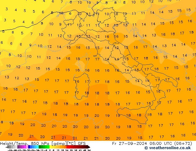 Geop./Temp. 850 hPa GFS vie 27.09.2024 06 UTC