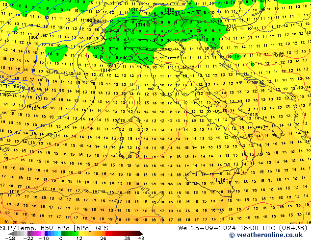 SLP/Temp. 850 hPa GFS mié 25.09.2024 18 UTC