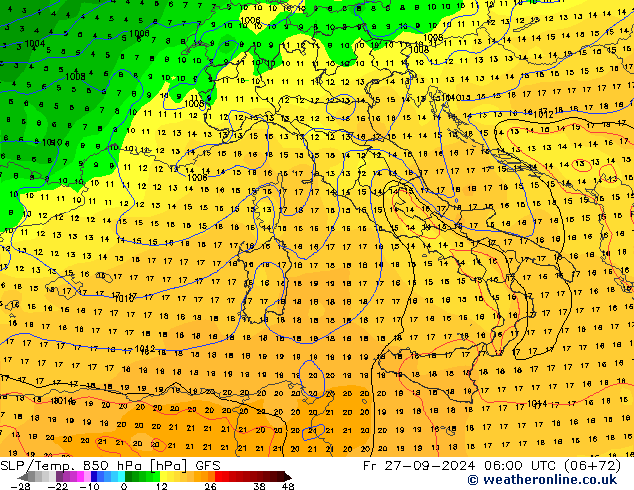 SLP/Temp. 850 hPa GFS vr 27.09.2024 06 UTC