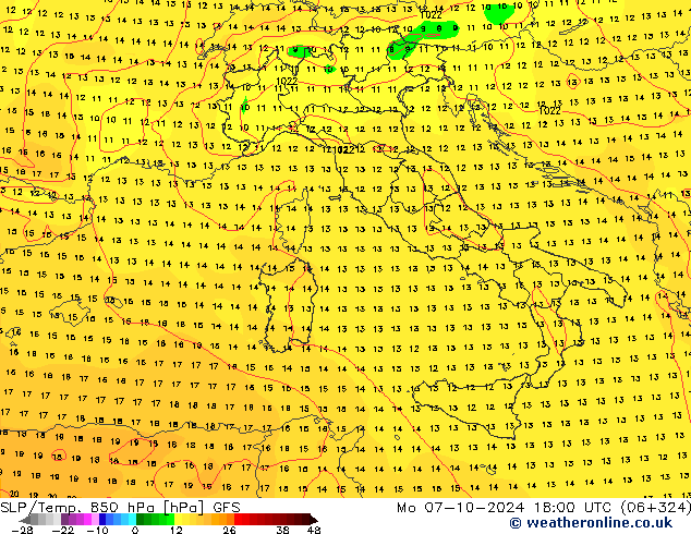 SLP/Temp. 850 hPa GFS Mo 07.10.2024 18 UTC