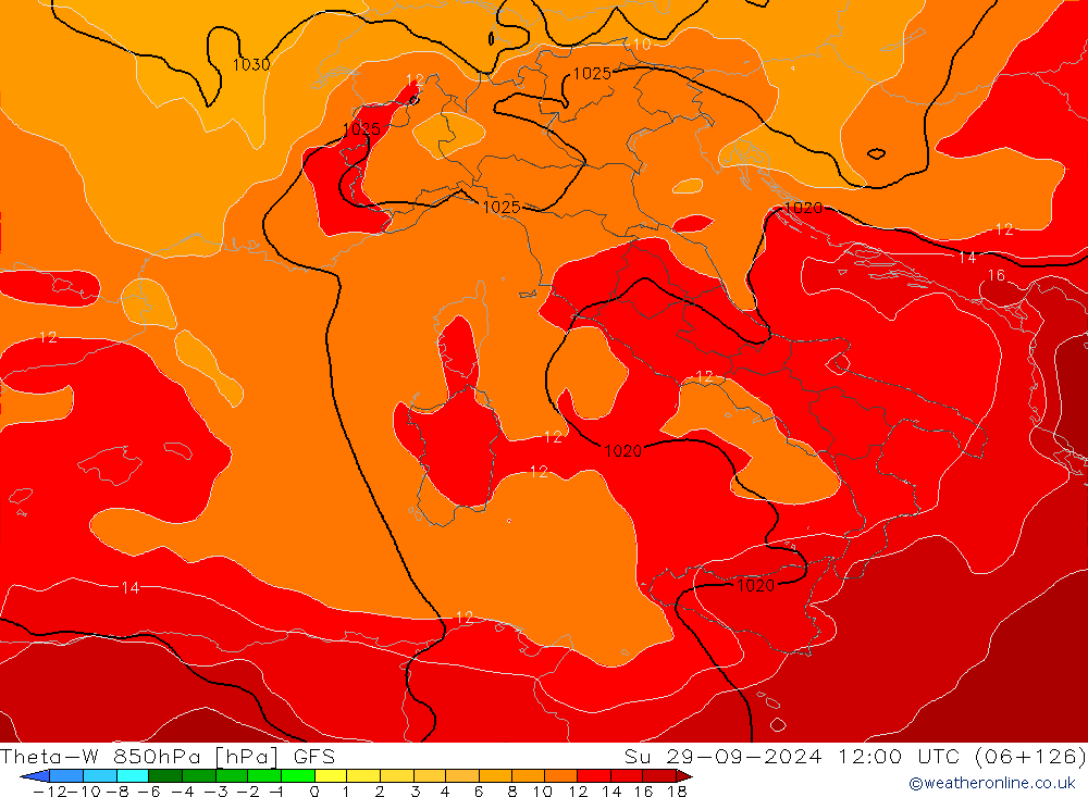 Theta-W 850hPa GFS Dom 29.09.2024 12 UTC