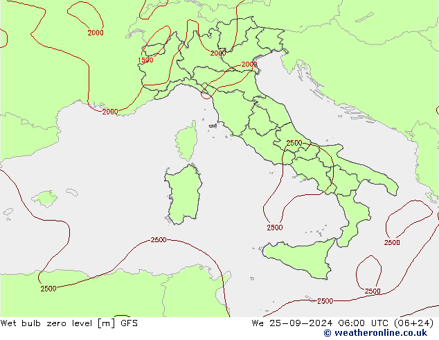 Wet bulb zero level GFS We 25.09.2024 06 UTC