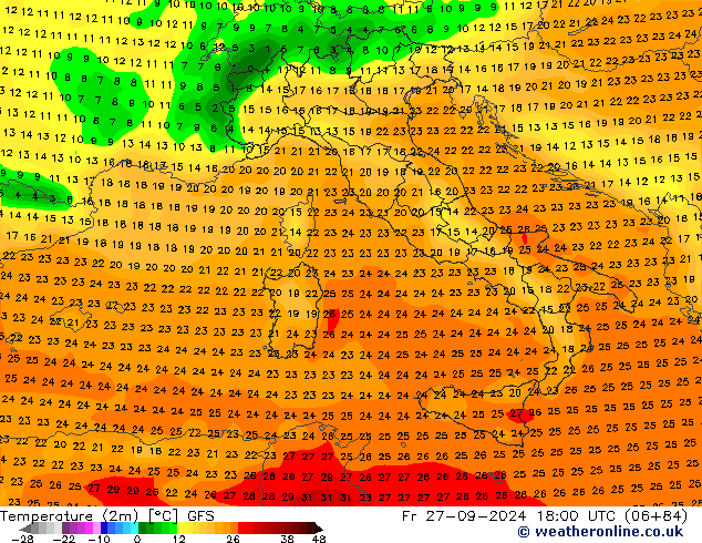 mapa temperatury (2m) GFS pt. 27.09.2024 18 UTC