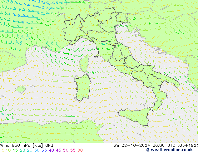 Vento 850 hPa GFS Qua 02.10.2024 06 UTC