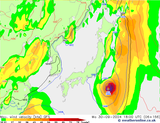 Max. wind velocity GFS lun 30.09.2024 18 UTC