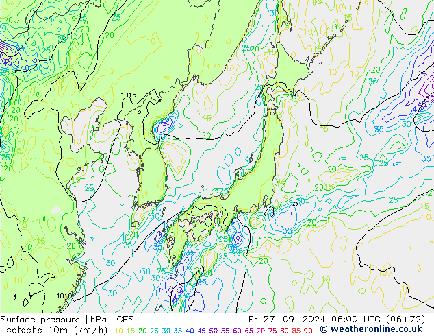 Isotachs (kph) GFS ven 27.09.2024 06 UTC