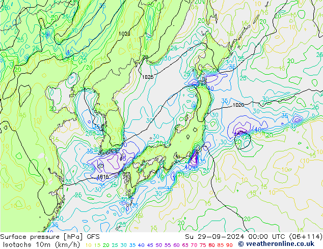 Isotachs (kph) GFS  29.09.2024 00 UTC