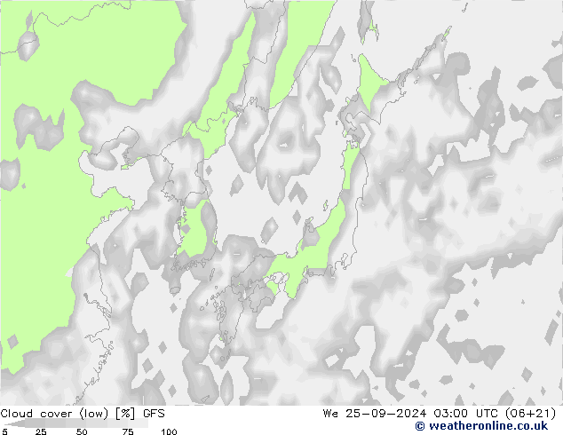 Bewolking (Laag) GFS wo 25.09.2024 03 UTC