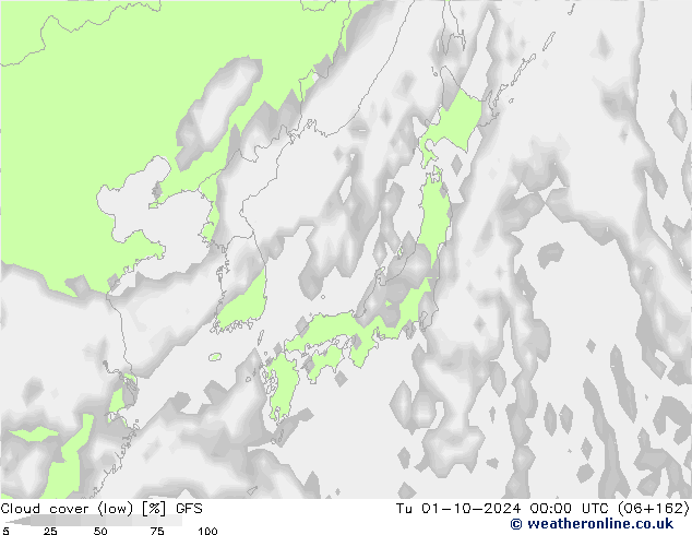 Cloud cover (low) GFS Tu 01.10.2024 00 UTC