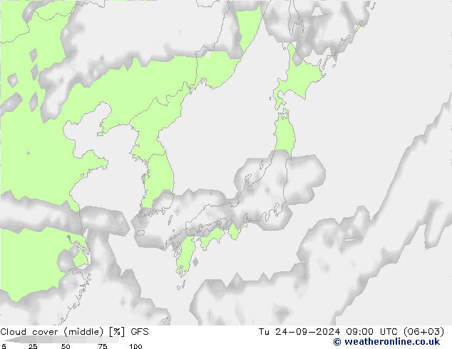 Cloud cover (middle) GFS Tu 24.09.2024 09 UTC