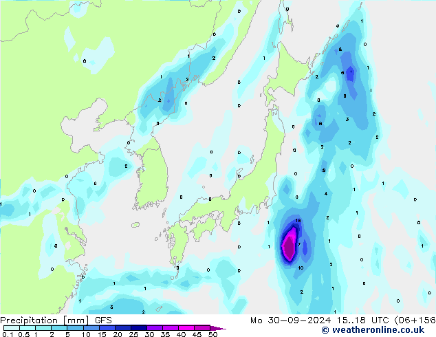 Srážky GFS Po 30.09.2024 18 GMT