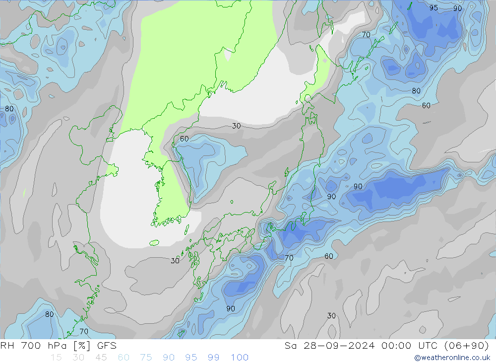 RH 700 hPa GFS so. 28.09.2024 00 UTC