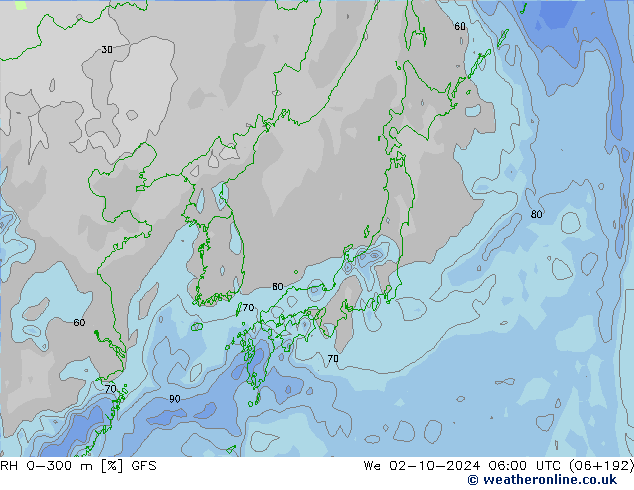 RH 0-300 m GFS Qua 02.10.2024 06 UTC