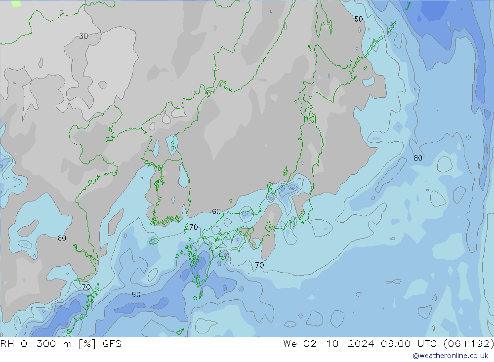 RH 0-300 m GFS Qua 02.10.2024 06 UTC