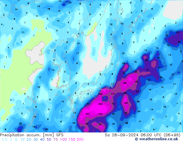 Precipitation accum. GFS сб 28.09.2024 06 UTC