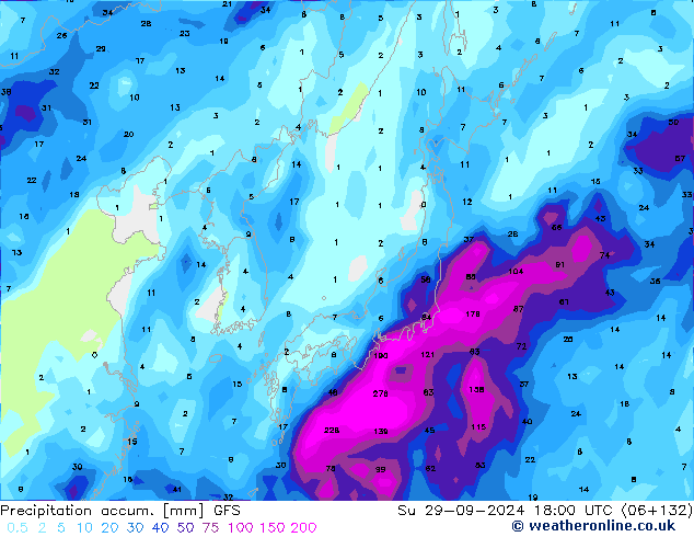 Totale neerslag GFS zo 29.09.2024 18 UTC