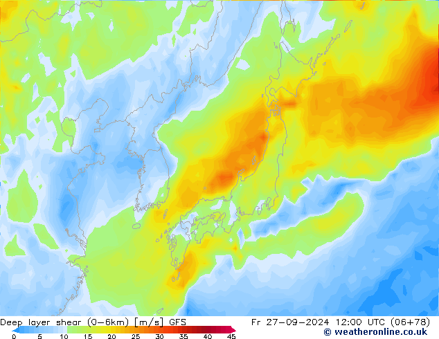 Deep layer shear (0-6km) GFS ven 27.09.2024 12 UTC