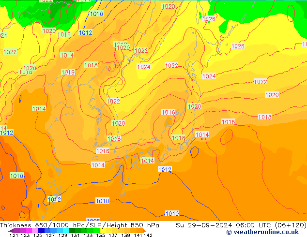 Thck 850-1000 hPa GFS dom 29.09.2024 06 UTC