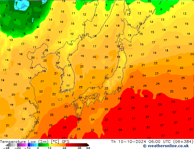 Temperature Low (2m) GFS Th 10.10.2024 06 UTC