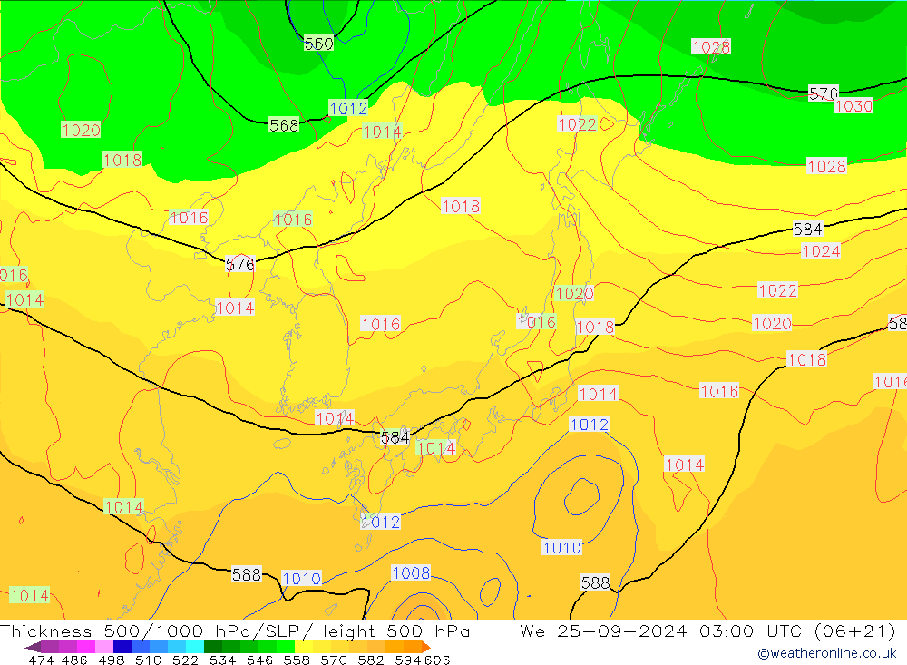 Dikte 500-1000hPa GFS wo 25.09.2024 03 UTC