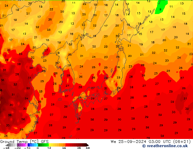 Temp. gruntu GFS śro. 25.09.2024 03 UTC