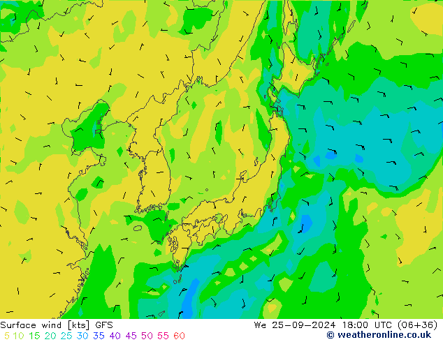 Viento 10 m GFS mié 25.09.2024 18 UTC