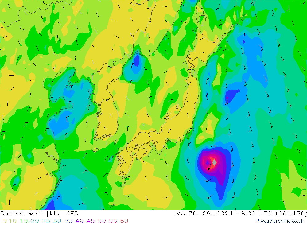 wiatr 10 m GFS pon. 30.09.2024 18 UTC