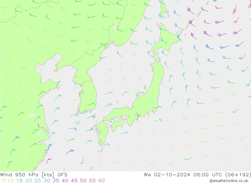 Wind 950 hPa GFS Mi 02.10.2024 06 UTC