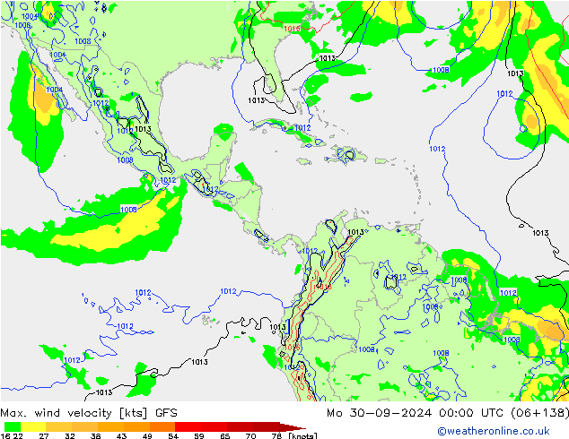 Max. wind velocity GFS pon. 30.09.2024 00 UTC