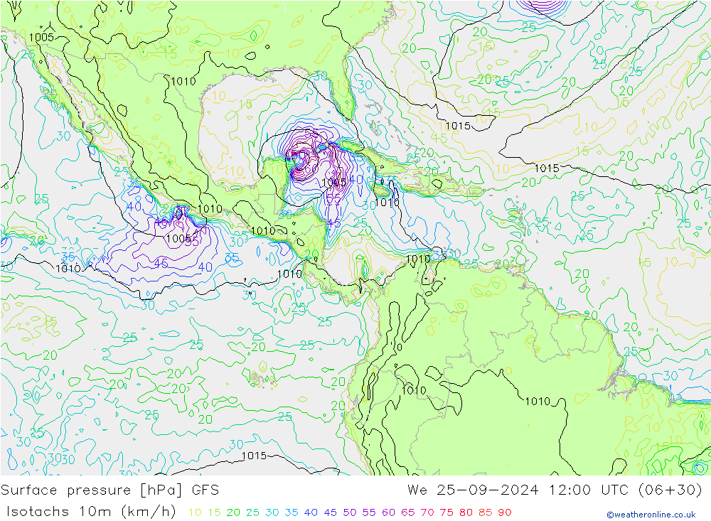 Isotachs (kph) GFS We 25.09.2024 12 UTC