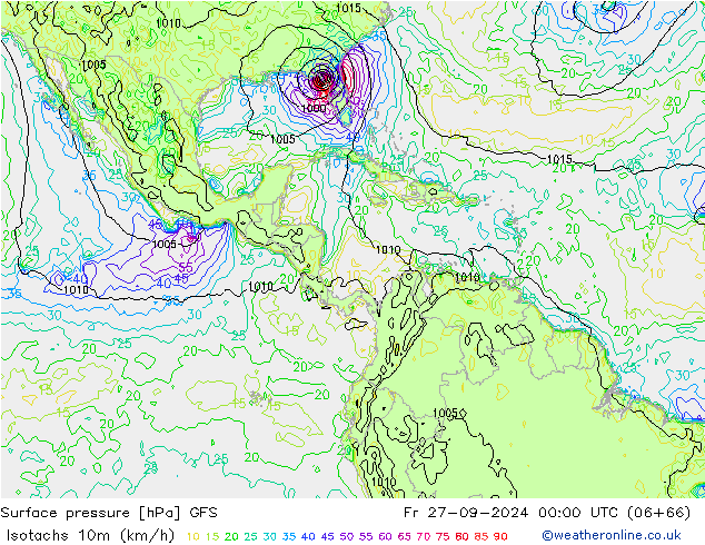 Isotachs (kph) GFS Fr 27.09.2024 00 UTC