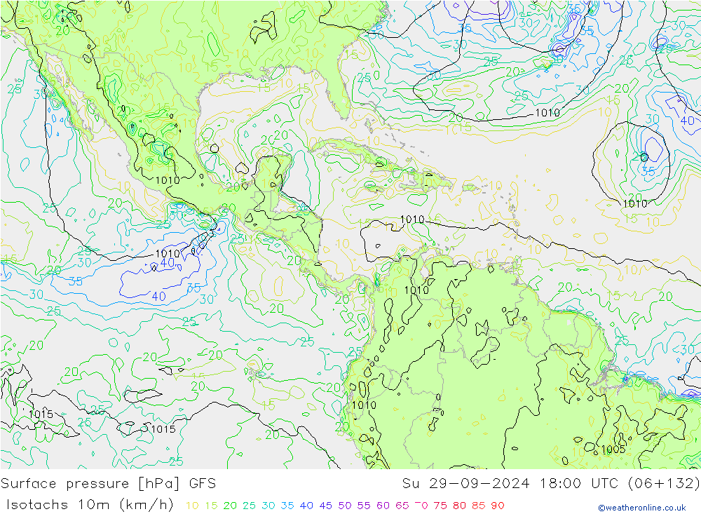 Isotachs (kph) GFS dim 29.09.2024 18 UTC