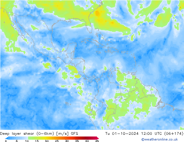 Deep layer shear (0-6km) GFS wto. 01.10.2024 12 UTC