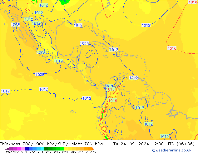 Thck 700-1000 гПа GFS вт 24.09.2024 12 UTC