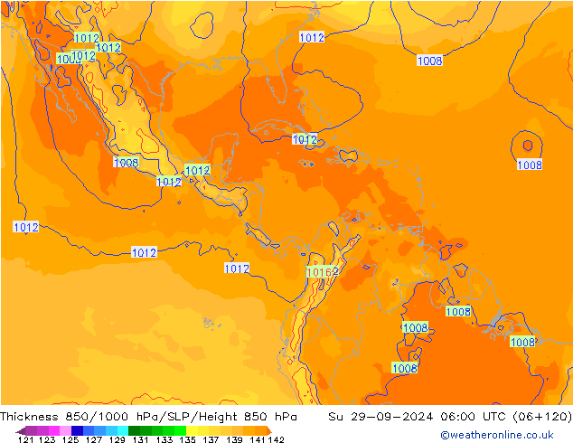 Dikte 850-1000 hPa GFS zo 29.09.2024 06 UTC