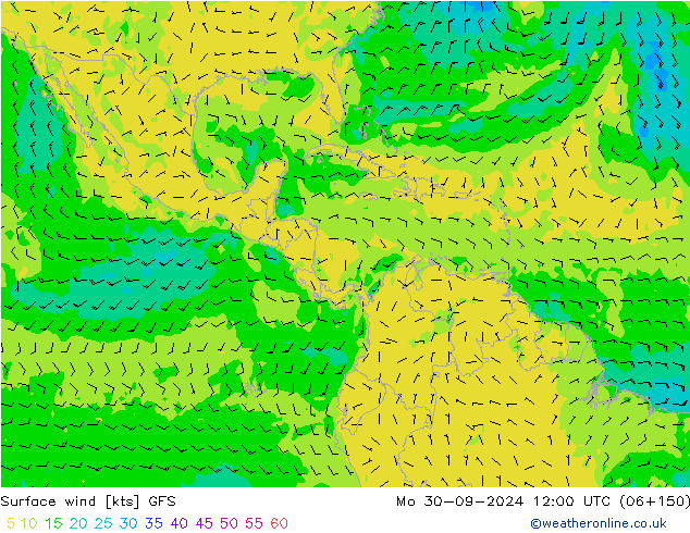 wiatr 10 m GFS pon. 30.09.2024 12 UTC