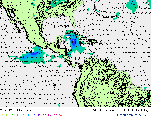 Wind 850 hPa GFS Út 24.09.2024 09 UTC