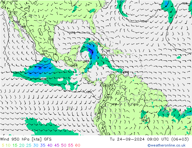 Wind 950 hPa GFS Tu 24.09.2024 09 UTC